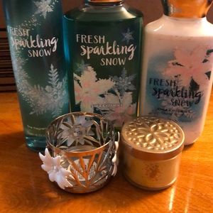 Fresh sparkling snow set with candle and holder